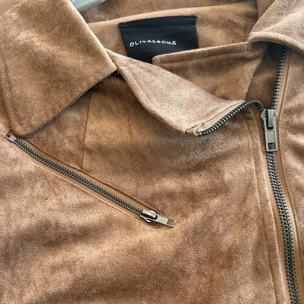 Olivaceous Brown Faux Suede Moto Jacket Size Large | Soft Zip-Up Biker Style - Picture 14 of 14